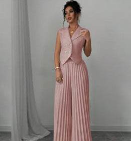 Summer Sleeveless Suit Fashion Lapel Button Vest Top And Pleated Straight Pants Women's Trousers Set Clothing - Velora