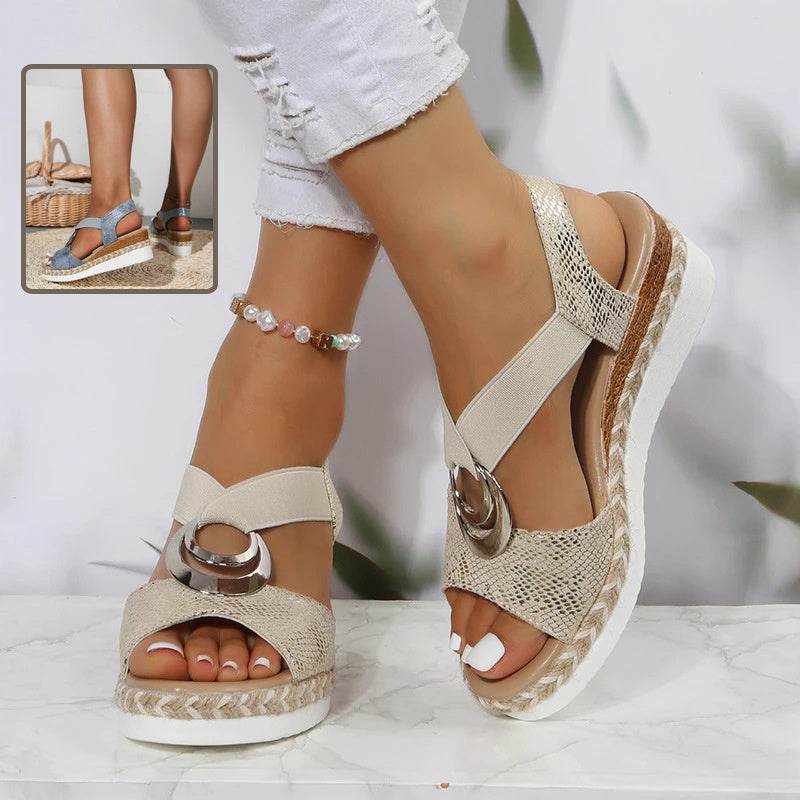 Women's Peep Toe Serpentine Wedges Sandals With Circle Design Casual Summer Shoes - Velora