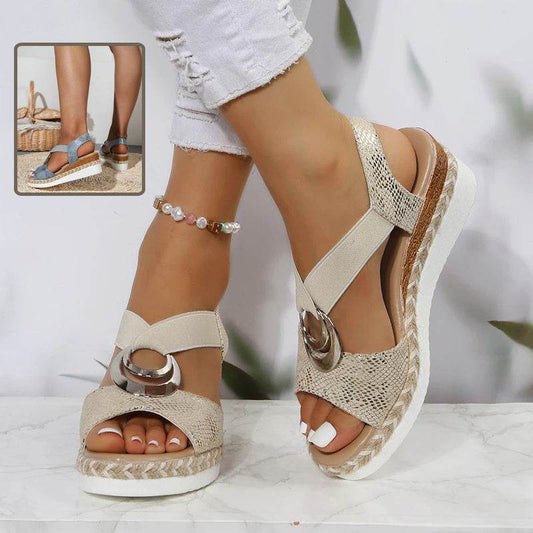 Women's Peep Toe Serpentine Wedges Sandals With Circle Design Casual Summer Shoes - Velora
