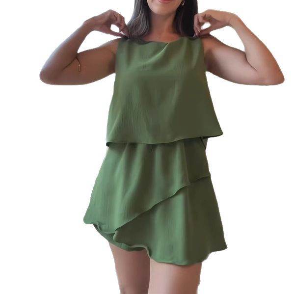 Solid Color Summer Elegance Sleeveless Top Round Neck Stitching One-piece Culotte - Velora