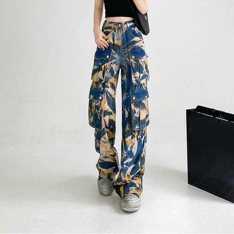 New Tie-dye Baggy CargoTrousers With Pockets Y2K Fashion High Waist Loose Wide Leg Pants Spring And Autumn - Velora
