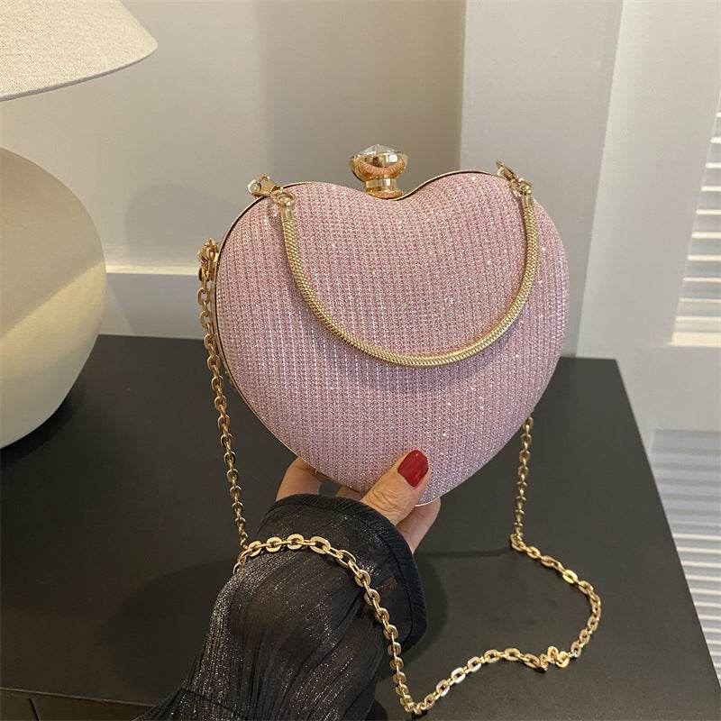 Evening Clutch Bag Women Bag Shiny Handbag Heart Shape Metal Clutches Bag Fashion Chain Shoulder Crossbody Bag Luxury Lady Purse Valentines Day Outfit - Velora