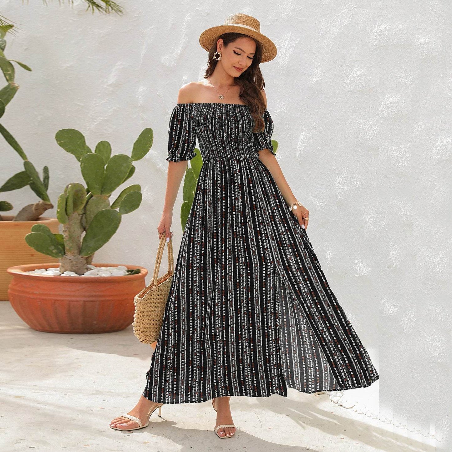 Elegant Off shoulder Spring Summer Maxi dress Slit Chiffon maxi dress for Beach vacation resort travel - Velora