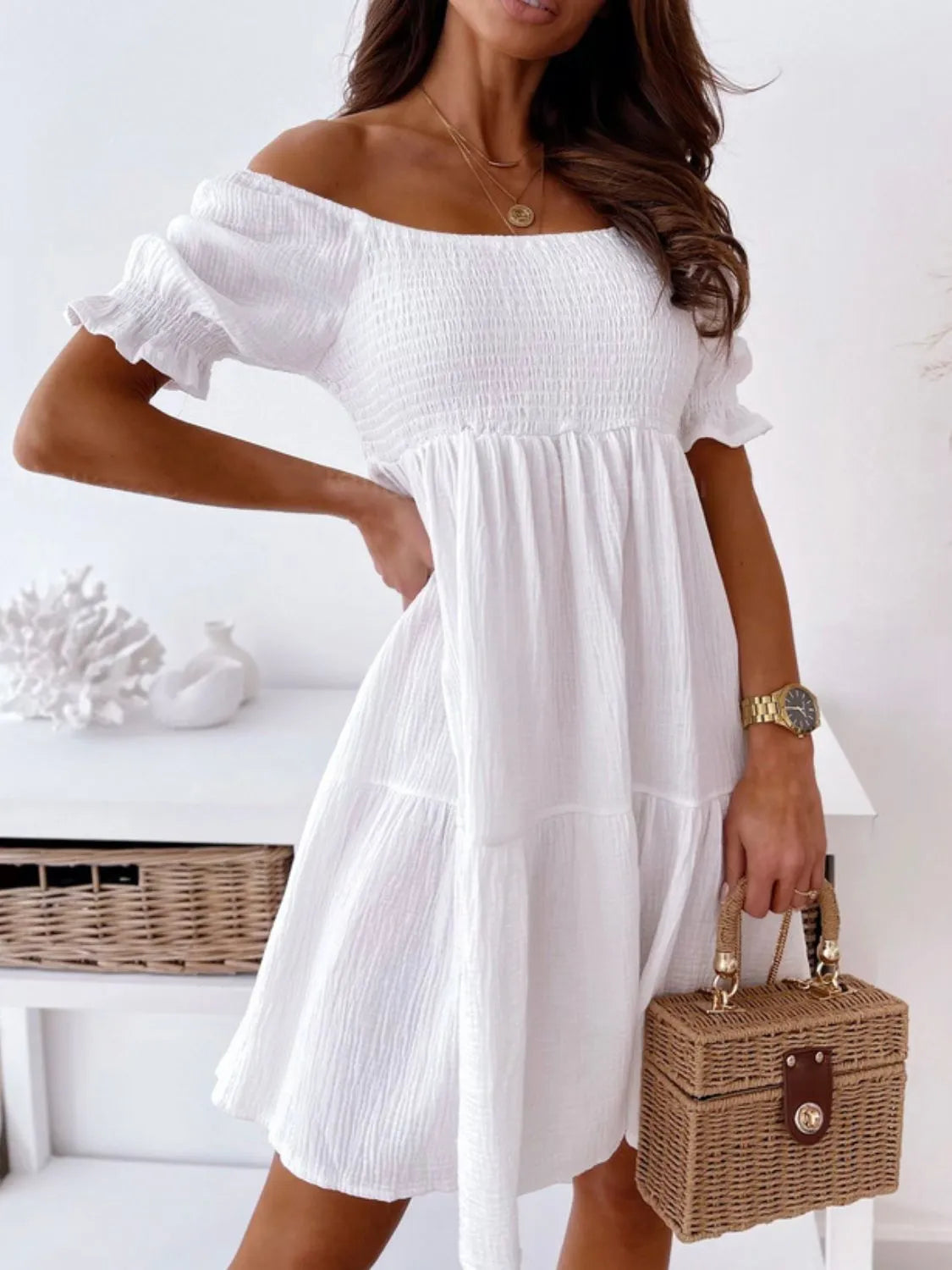 Smocked Off-Shoulder Mini Dress - Velora