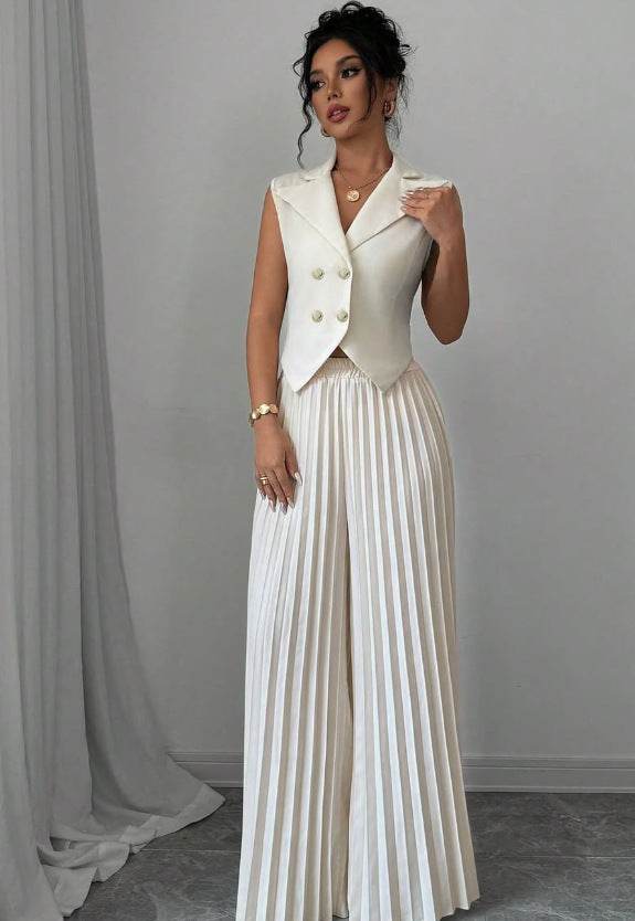 Summer Sleeveless Suit Fashion Lapel Button Vest Top And Pleated Straight Pants Women's Trousers Set Clothing - Velora