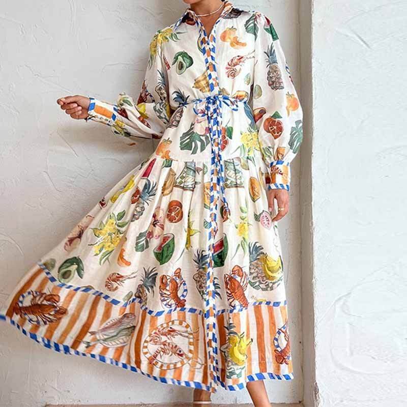 Print Holiday Women Beach Dress With Belts A-Line Long Lantern Sleeve Single Breasted Lapel Seaside Dresses Robe - Velora