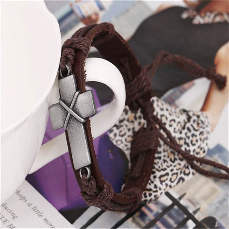 Brown Leather Cross Bracelets - Velora