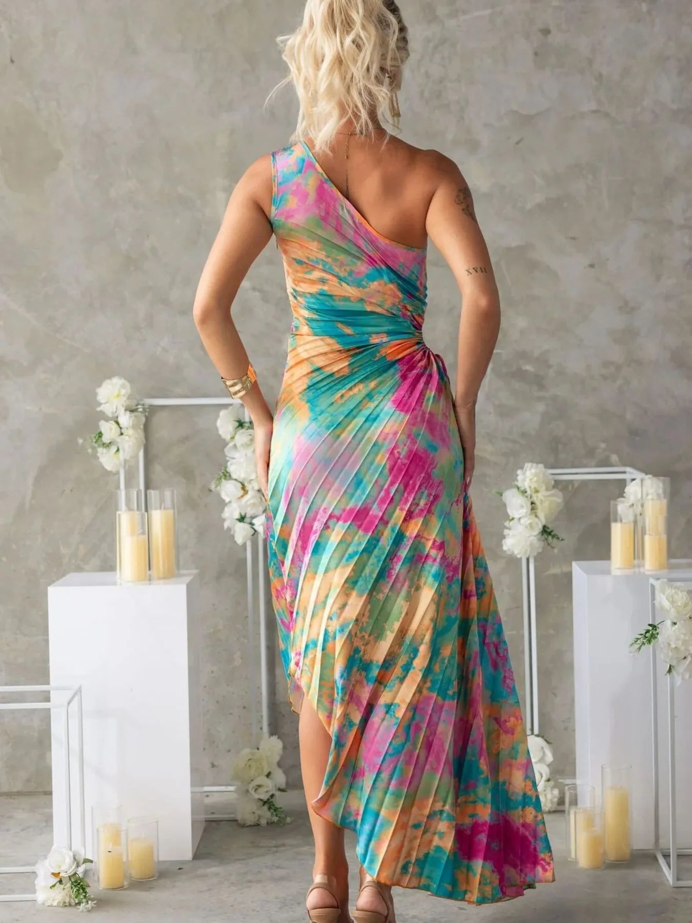 Printed One Shoulder Asymmetrical Maxi Dress - Velora