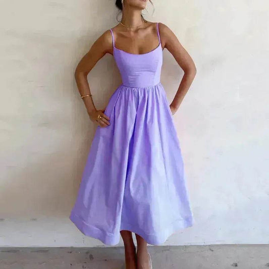 Elegant Solid Color Spaghetti Strap Suspender Skirt Dress Midi Skater Dress for Women