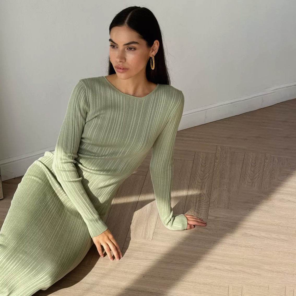 Sunken Stripe Waist-tight Hip Knitwear Dress Long Sleeve - Velora