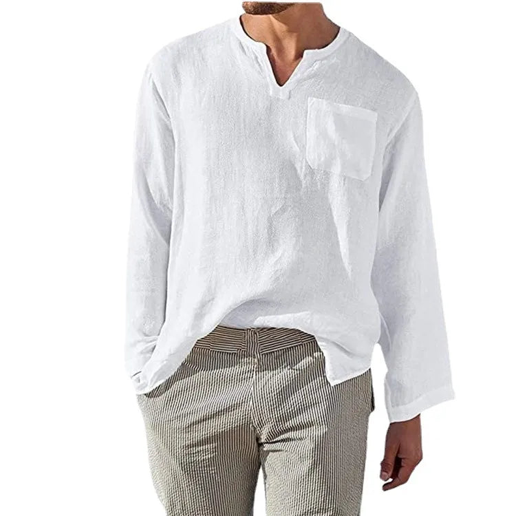 Men's Full Size Casual Notched Linen Long Sleeve Top Plus Size - Velora