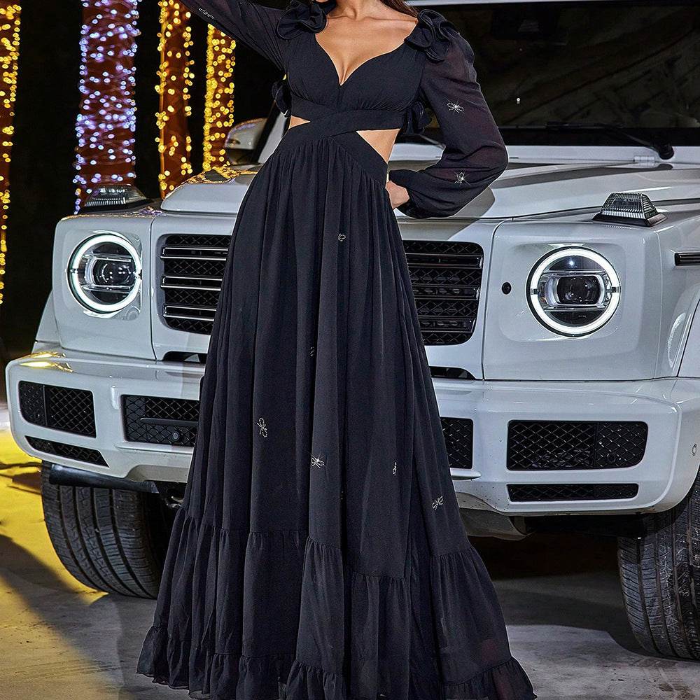 Elegant Chiffon Stitching Midriff Outfit Large Swing Banquet Dress - Velora