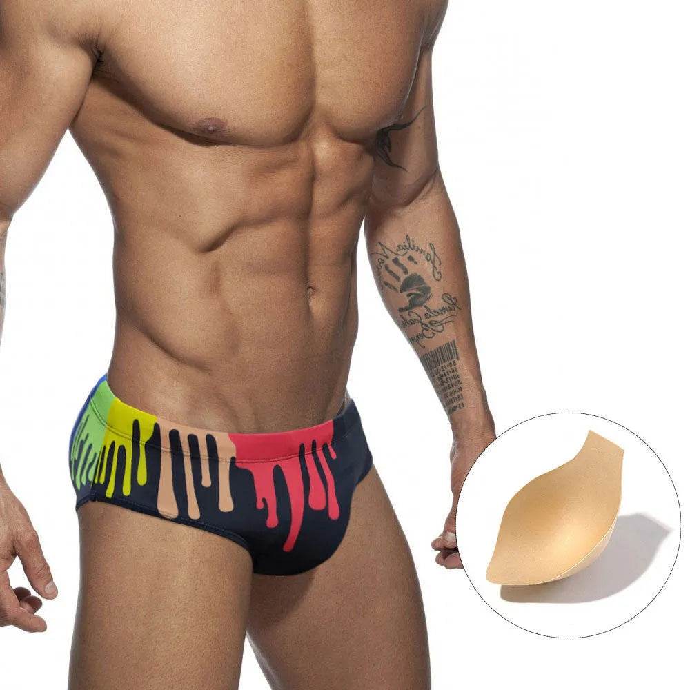 Men's Underwear Solid Color Printed Tape Cup Swim Briefs trunks - Velora