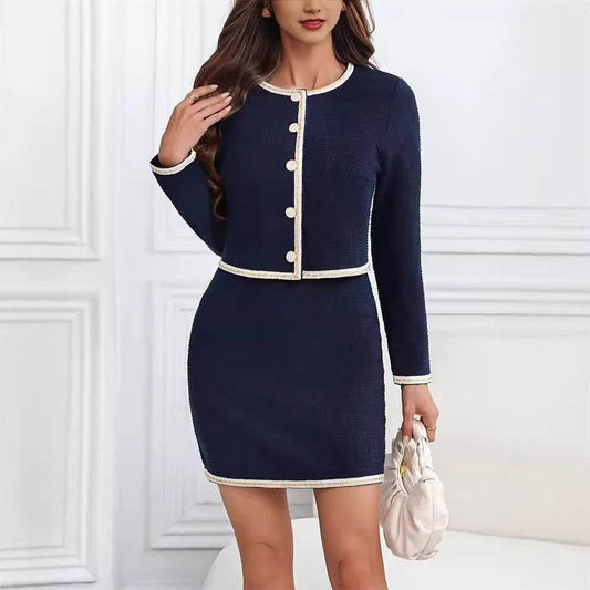 Autumn And Winter Elegant Fashion Commuter Round Neck Button Chanel Style Short Coat Mid-length Dress Set - Velora