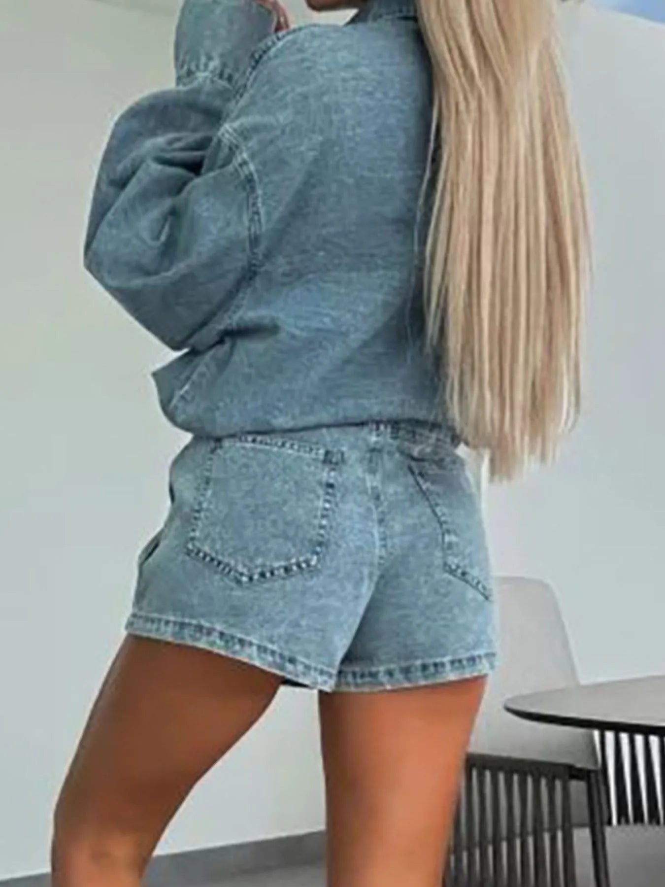Button-Front Shirt and Mini Skirt Oversized Denim Set - Velora