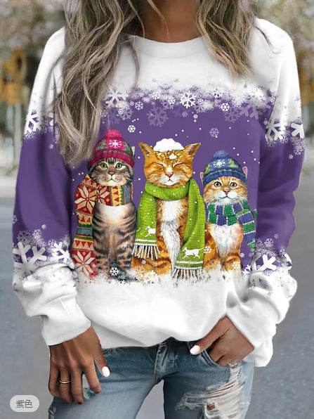 Cross-border Women's Christmas New Snowman And Cat Printed Long Sleeve Casual Loose-fitting T-shirt Christmas Supplies - Velora