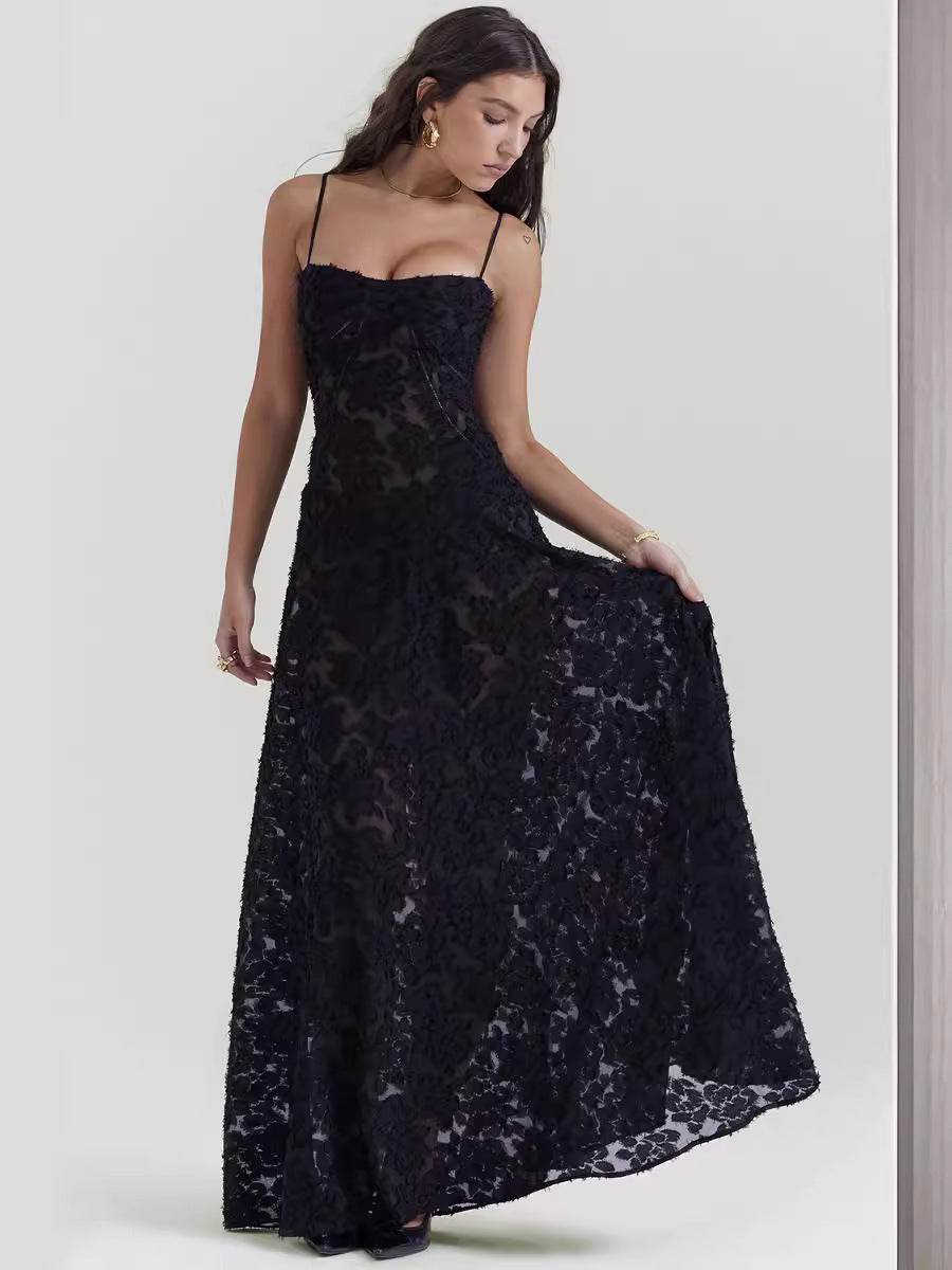 Sexy Flowers Lace Suspender Dress Summer Fashion Slim Back Lace-up Long Dresses Party Evening Club Clothing For Women - Velora