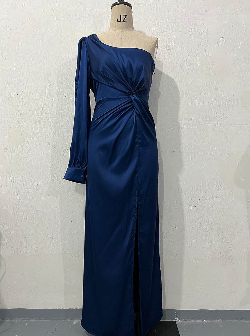 Women's One-shoulder Split Dress Ins Fashion Long-sleeved Slim Long Dresses Party Evening Clothing - Velora