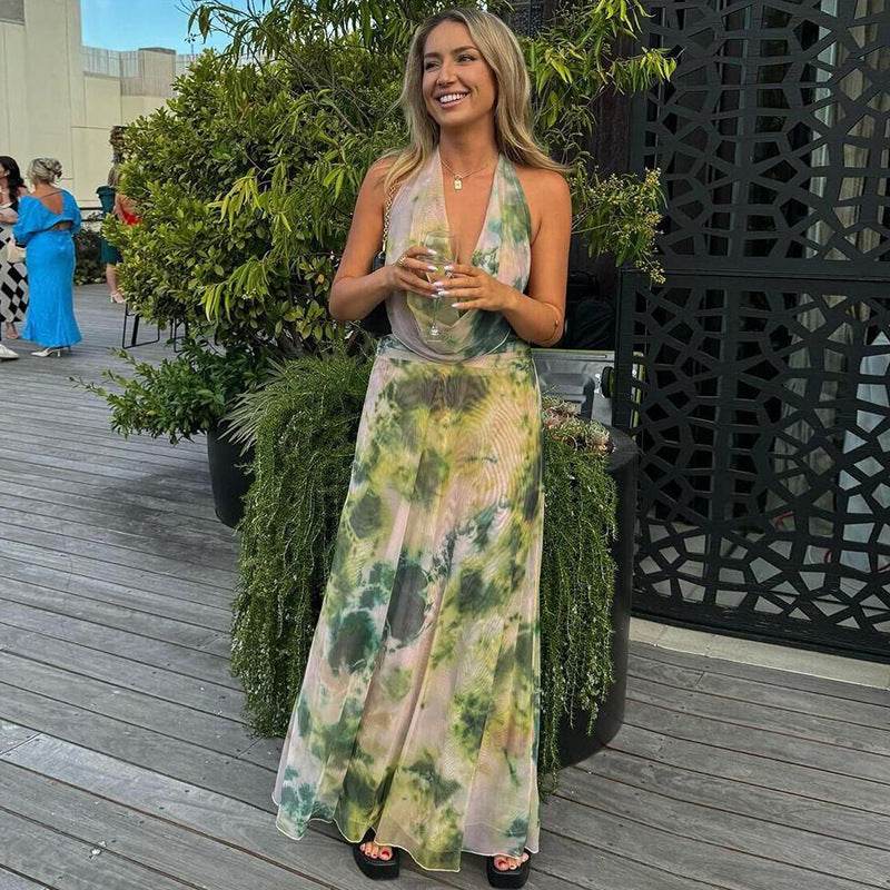 2pcs Tie Dye Printing Deep V-neck Suits Fashion Halter Backless Long Dresses For Beach Party Womens Clothing - Velora