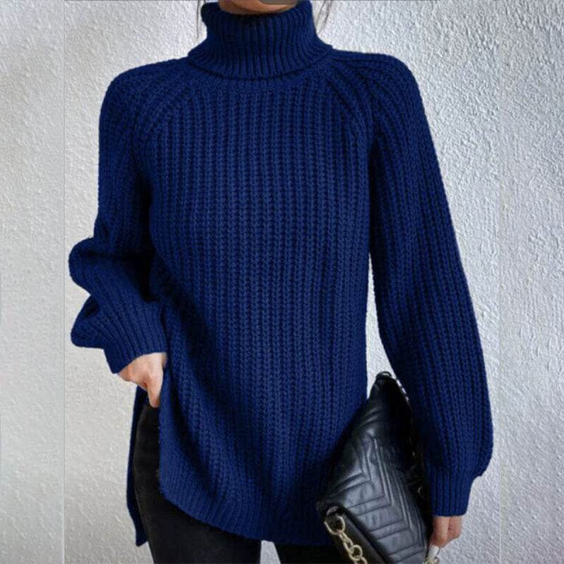 Turtleneck Pullover Sweater With Split Design Fashion Simple Solid Color Long Sleeve Tops Women's Clothing - Velora
