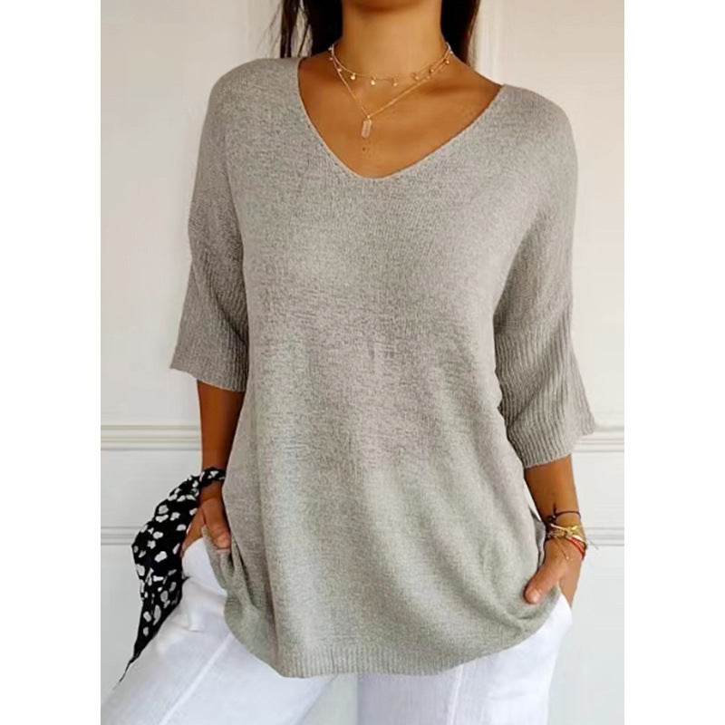 Solid Long Sleeve Sweater Slimming V-neckline Knitwear Women's Bottoming Shirt - Velora