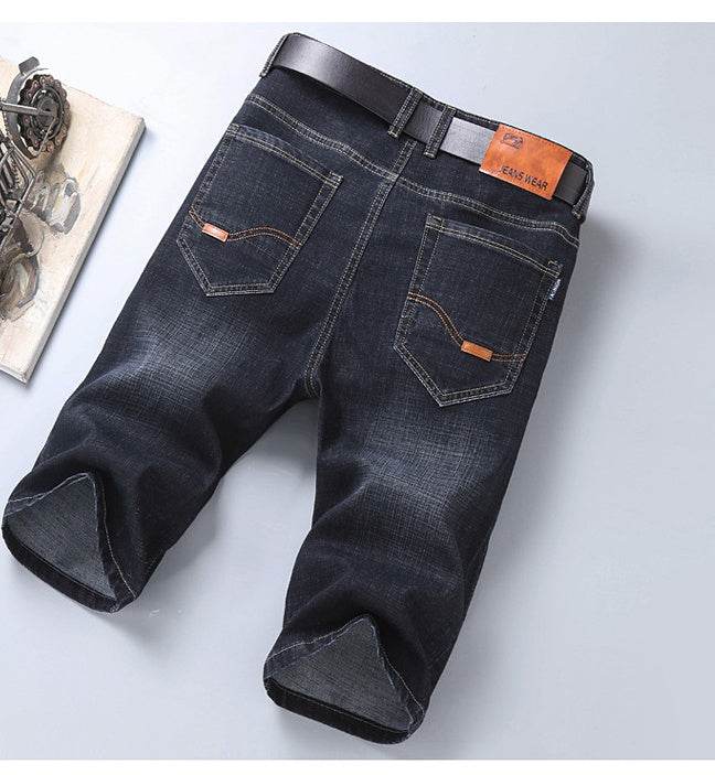Jeans Shorts Men Elastic Straight Denim Mid Waist Loose Shorts - Velora