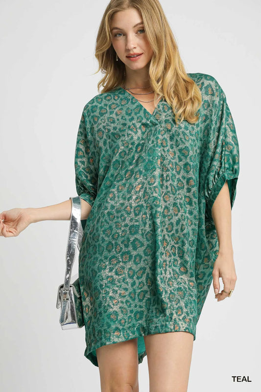 Umgee Metallic Leopard Print V-Neck Kimono Dress - Velora