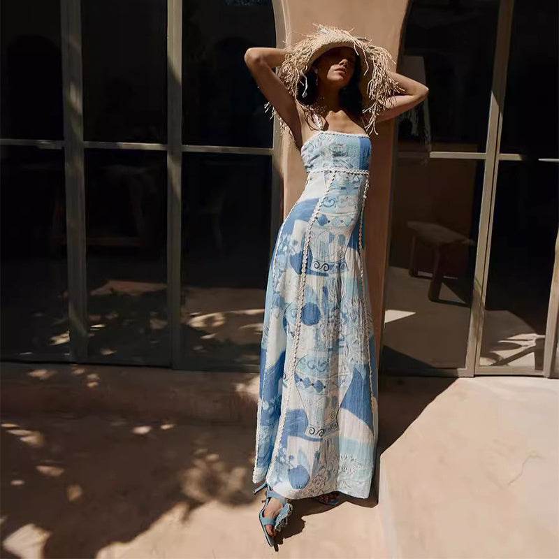 Flower Print Lace Sling Dress Sexy Backless Bow Suspender Long Dresses Womens Clothing - Velora