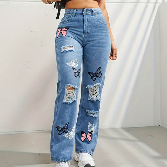 High Waisted Straight Leg Jeans For Women Trendy Butterfly Print Ripped Distressed Denim Pants - Velora