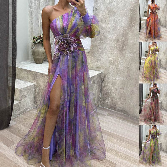 Mesh Tie-dye Printed Off-shoulder Slit Dress Summer INS Fashion Long Dress Party Womens Clothing - Velora