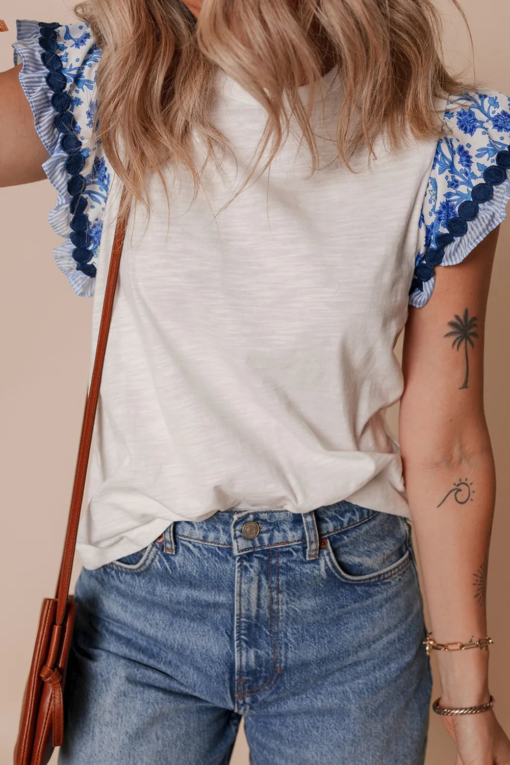 Round Neck Printed Ruffled Cap Sleeve Blouse - Velora