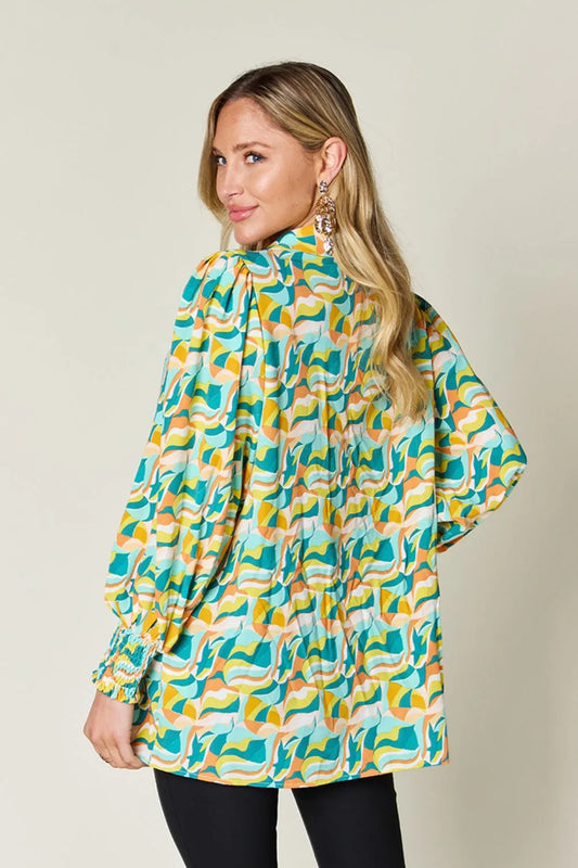 Double Take Full Size Printed Smocked Long Sleeve Blouse - Velora