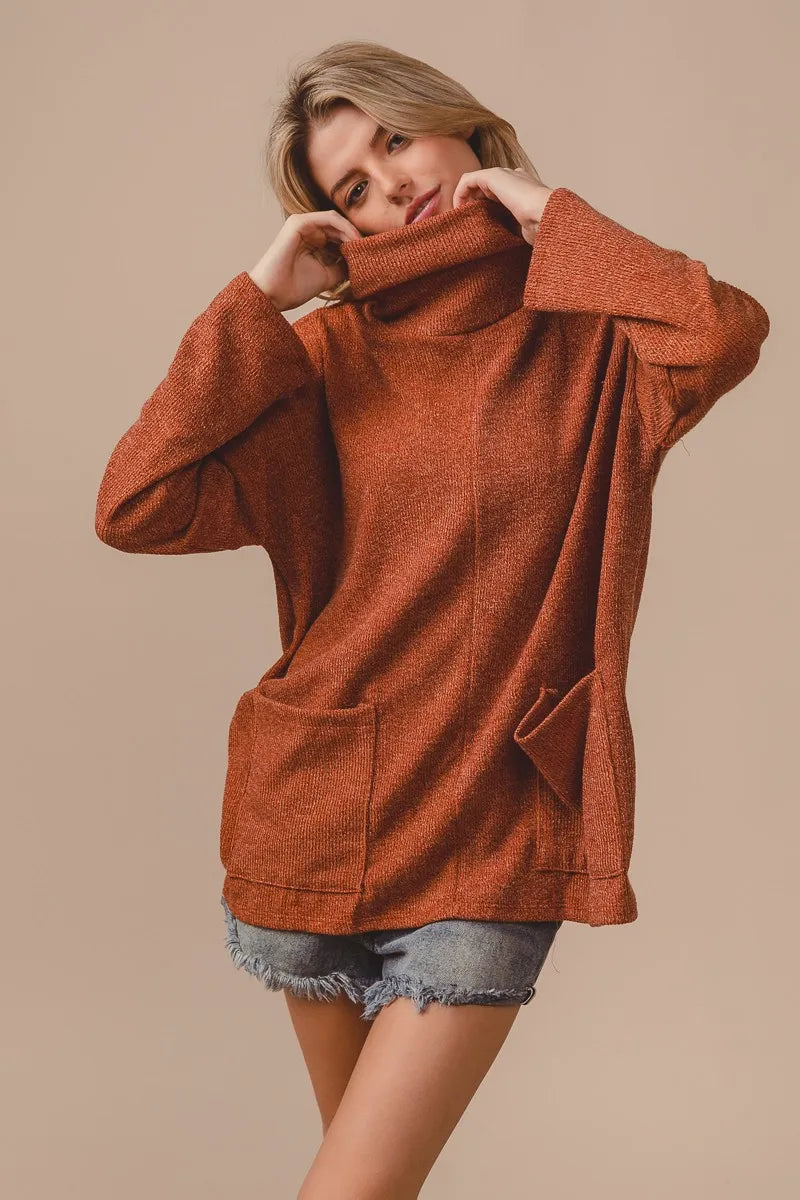 BiBi Piper Rib Double Pocket Turtle Neck Sweater - Velora
