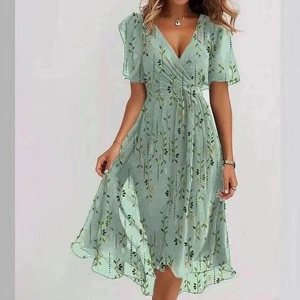 Chiffon Printed Short Sleeve Dress Summer Elegant V-neck Dresses Womens Clothing - Velora