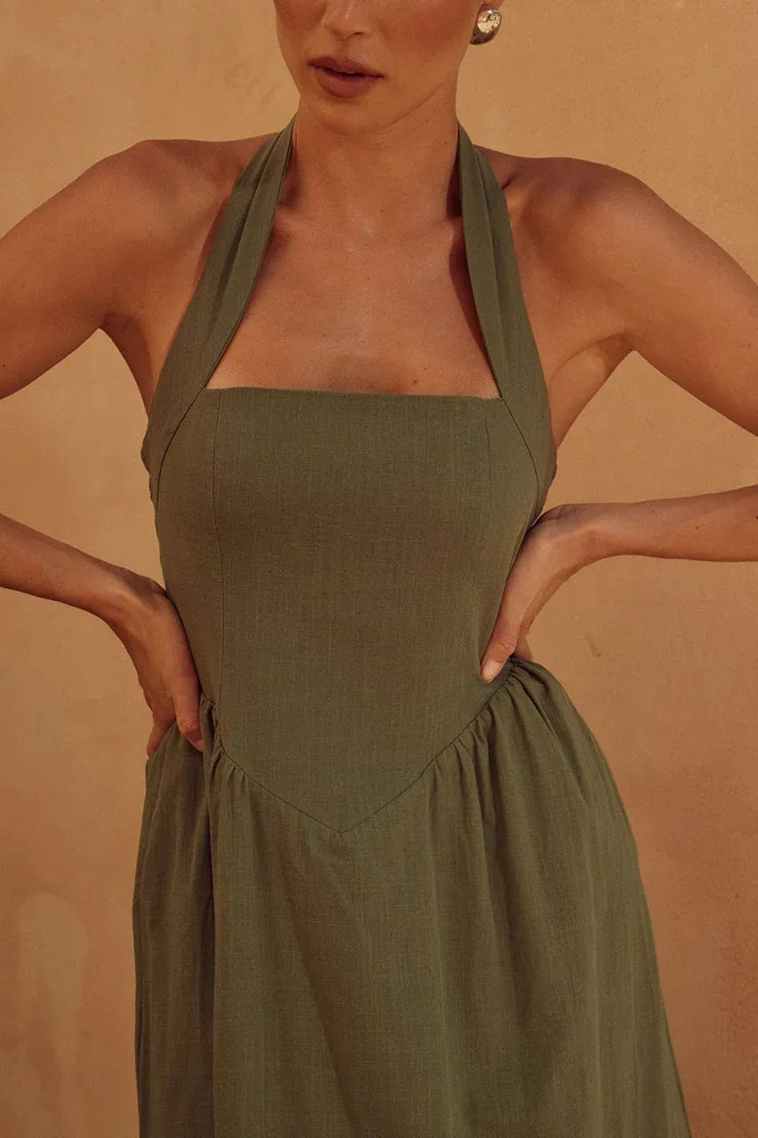 Halter Neck Maxi Dress with Pockets - Velora
