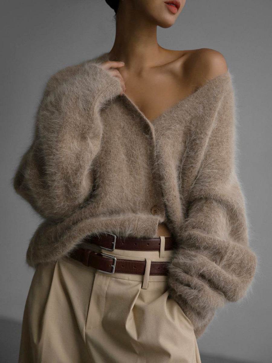Loose V-neck Button Cardigan Fall Winter Fashion Single Breasted Knitted Sweater Top Women's Clothing - Velora