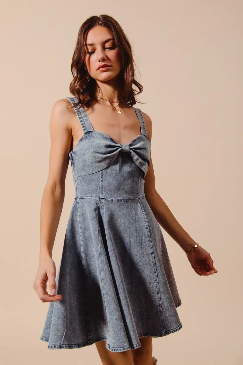 SO ME Mineral Washed Bow Ribbon Denim Flare Dress - Velora