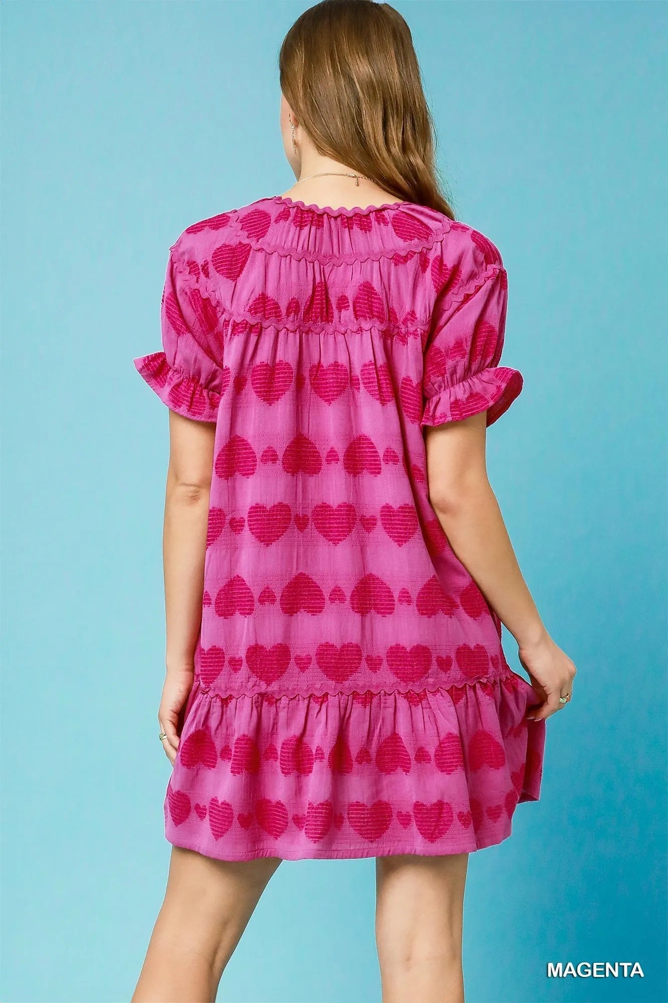 Umgee Heart Pattern Short Sleeve Ruffle Babydoll Dress - Velora