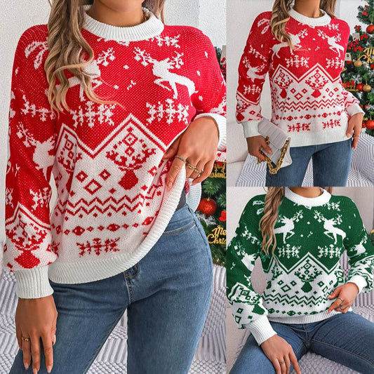 2025 New Year Autumn Winter Casual Deer Pattern Long Sleeve Hoodie Sweater Christmas For Women Red Green Knitted Pullover Jumper - Velora