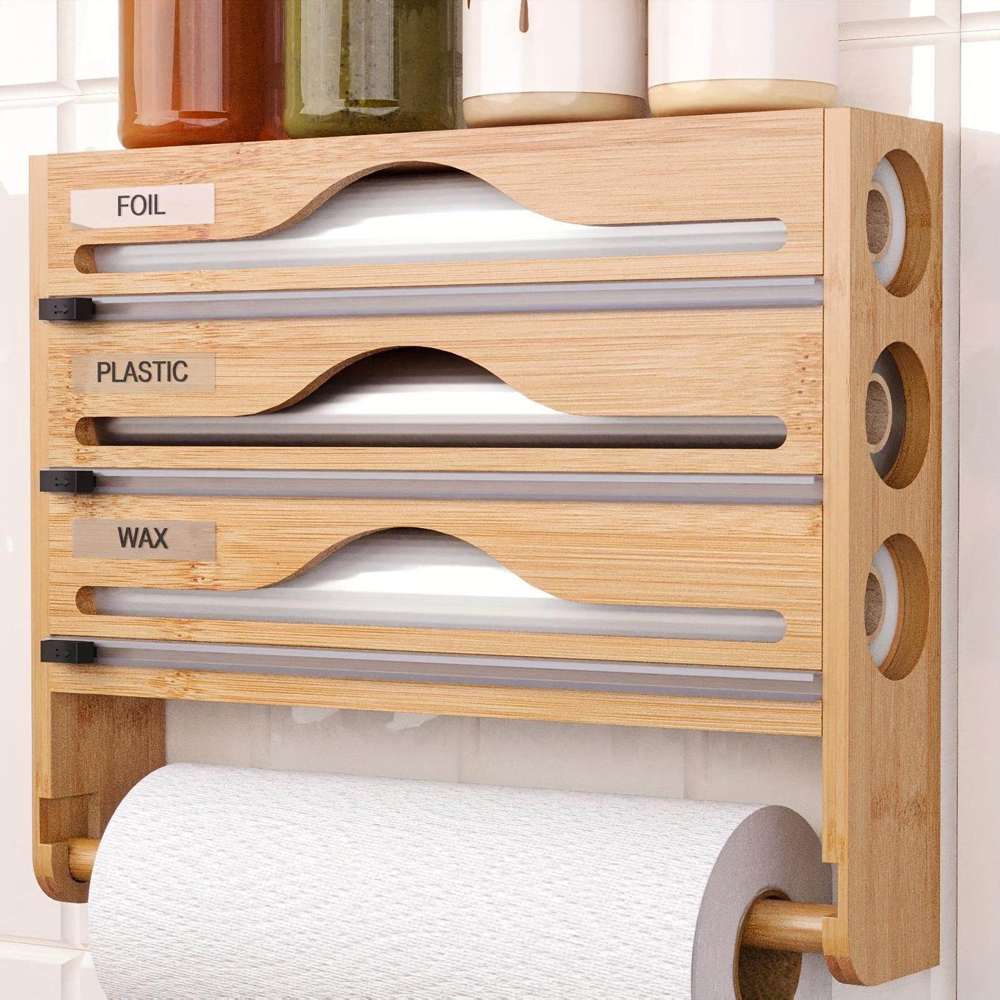 3 grid Bamboo Wood Wall Mounted Food Wrap Dispenser - Velora