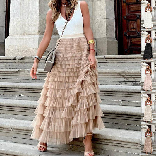 Layered Ruffles Cake Skirt Summer Fashion A Line Swing Mesh Long Skirt Party Dress Women - Velora