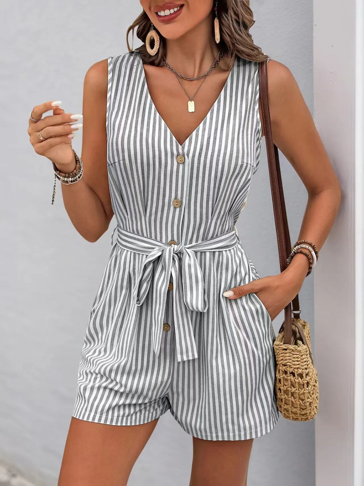 Striped V-neck Button Front Belted Romper - Velora