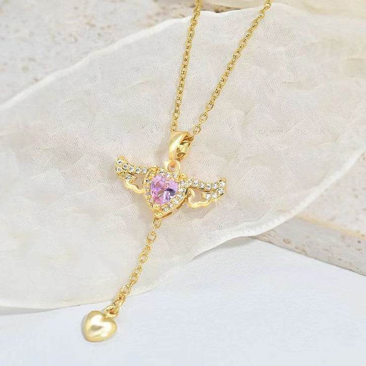 Moving Cupid Heart Angel Wings Tassel Necklace With Crystal Clavicle Chain Women Jewelry Gift Valentine's Day - Velora