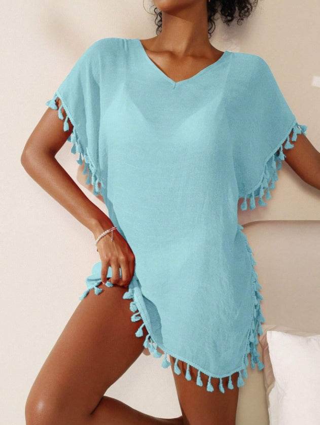 Summer Women's Solid Color Tassel Short Sleeve Top - Velora