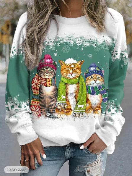 Cross-border Women's Christmas New Snowman And Cat Printed Long Sleeve Casual Loose-fitting T-shirt Christmas Supplies - Velora
