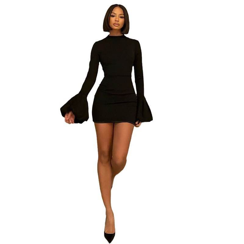 Skinny Short Dress Round Neck Long Sleeve - Velora