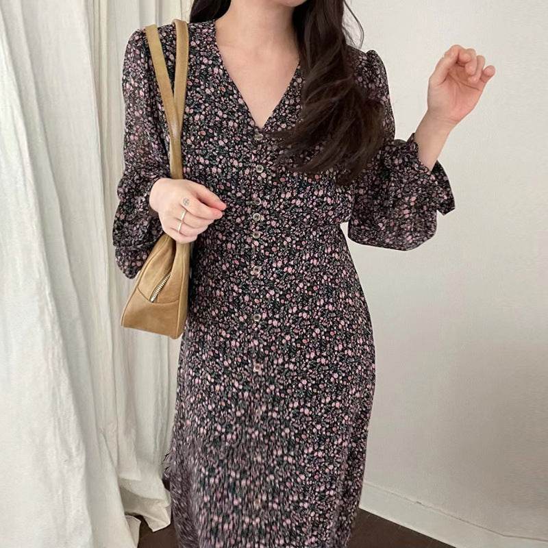 Elegant V-neck Elegant Floral Chiffon Dress - Velora