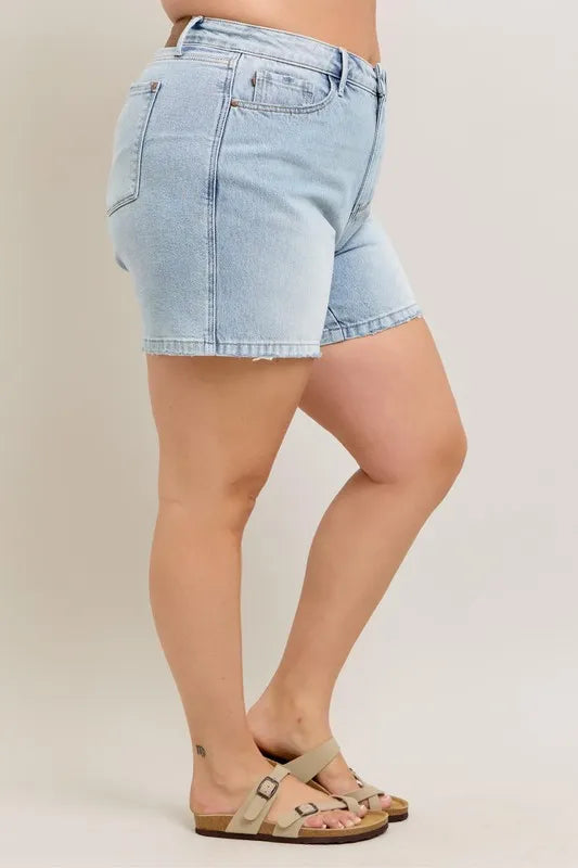 Judy Blue Full Size Frayed Hem High Rise Denim Shorts with Pockets Plus Size - Velora