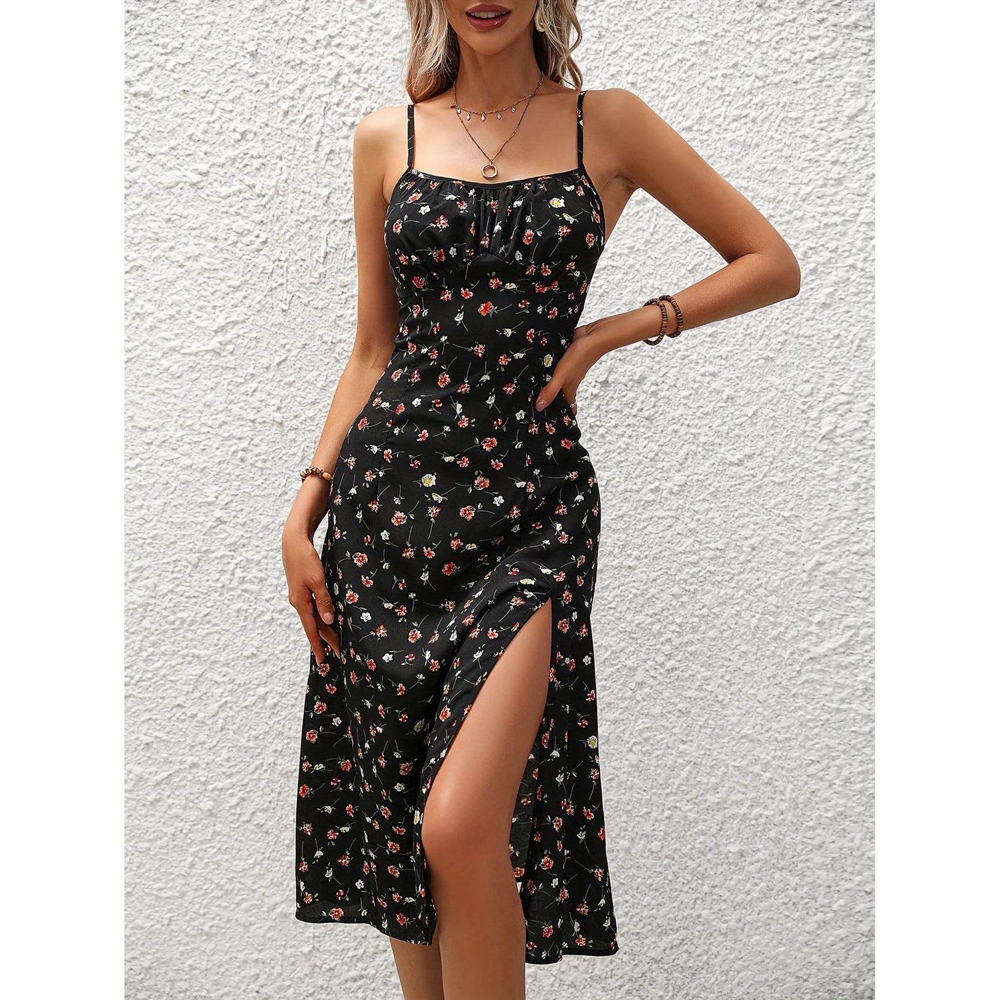New Polka Dot Print Suspender Dress Summer Sexy Slit Long Dresses For Womens Clothing - Velora