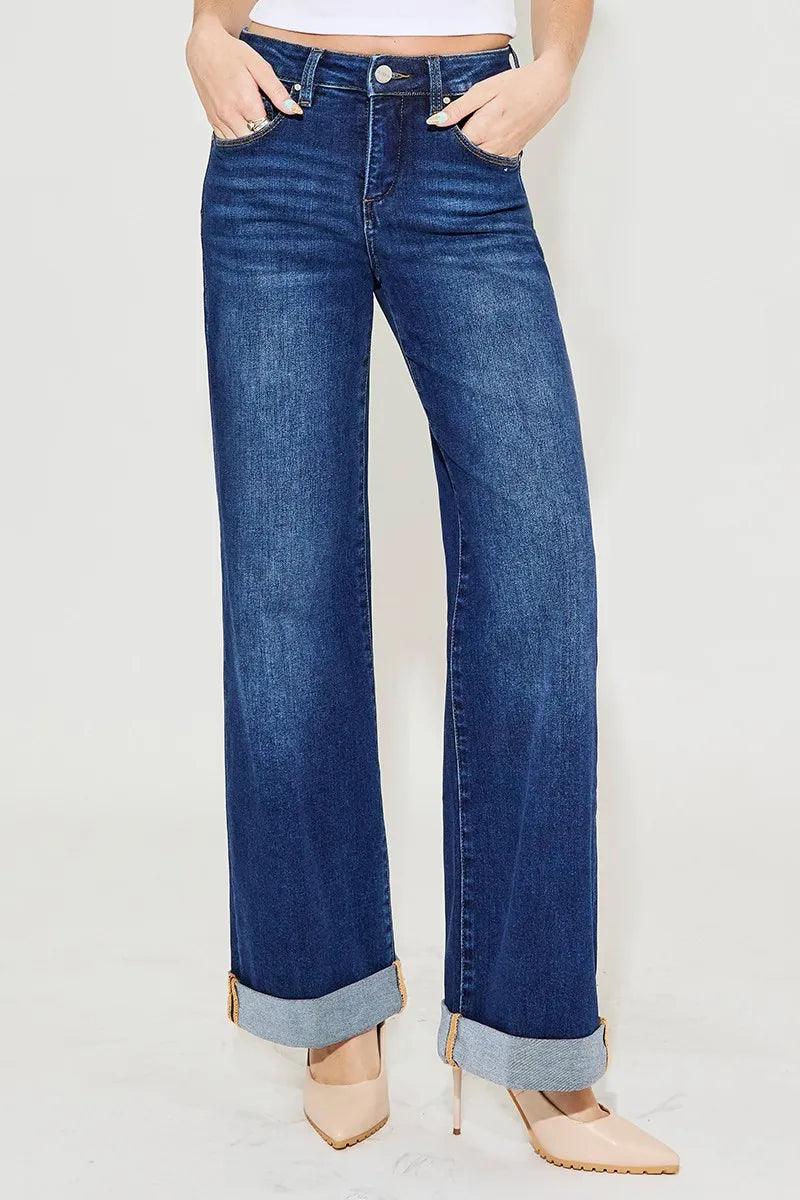 RISEN Full Size Tummy Control High Rise Wide Leg Cuffed Jeans Plus Size - Velora